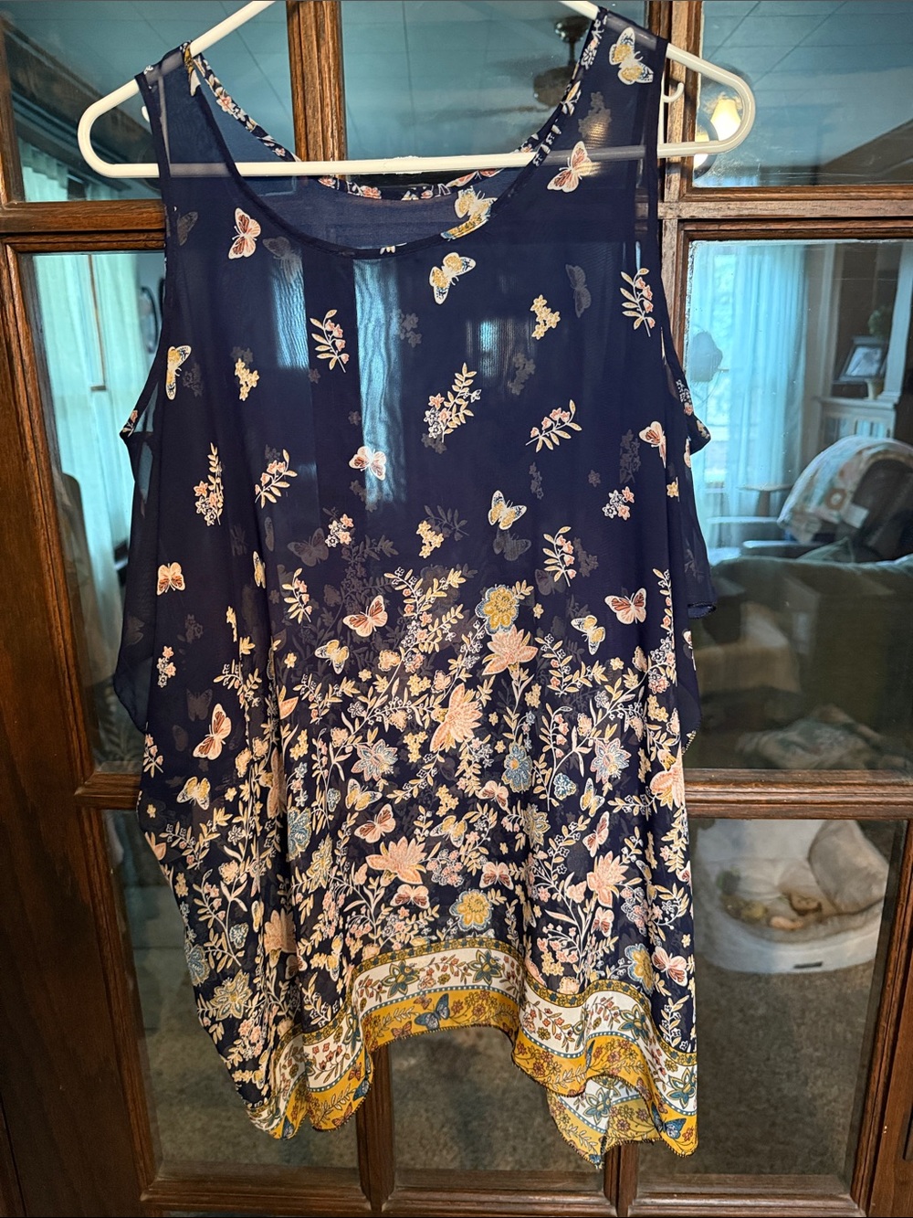 2 Chic Navy Blue Butterfly Floral Cold Shoulder Chiffon Handkerchief Hem Top
